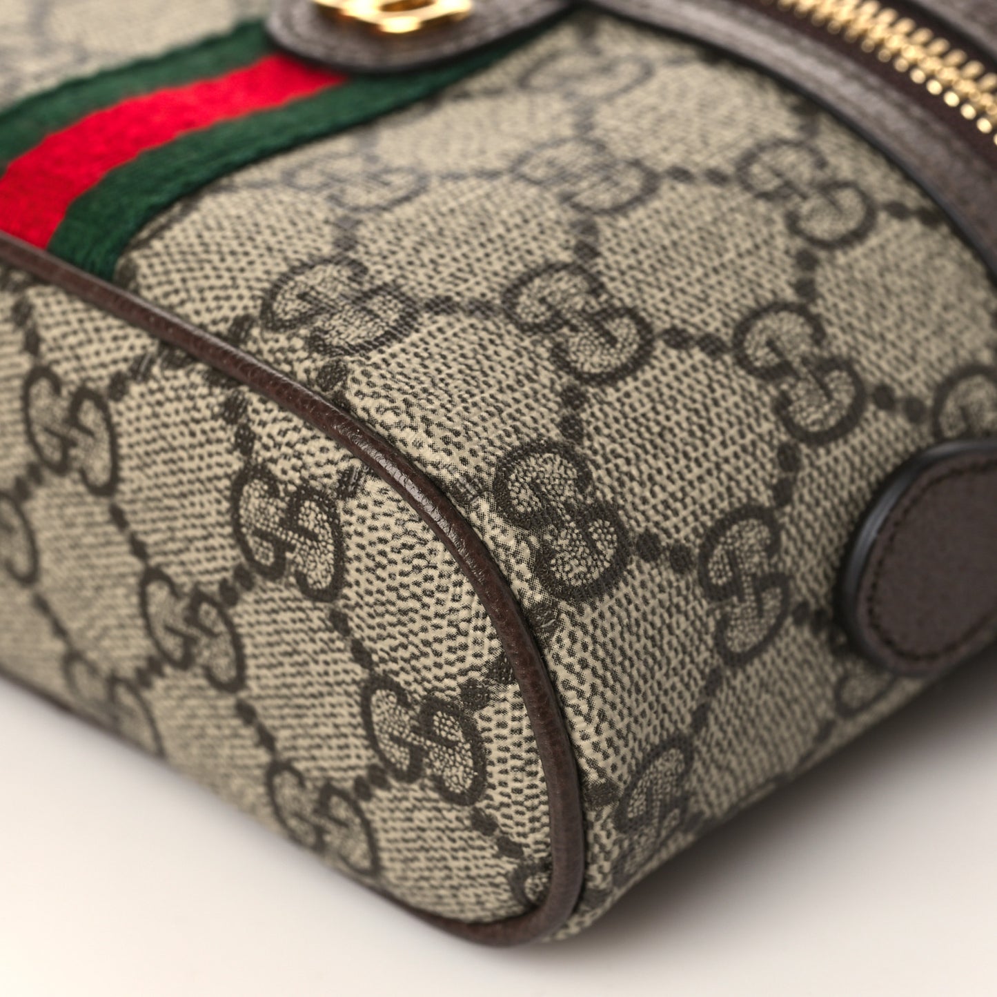 GG Supreme Monogram Textured Calfskin Web Mini Ophidia Top Handle Bag Beige Ebony New Acero