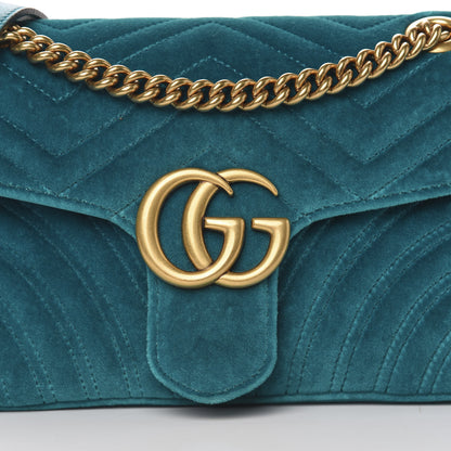 Gucci Velvet Matelasse Small GG Marmont Shoulder Bag Pavone Cyan 10 of 11