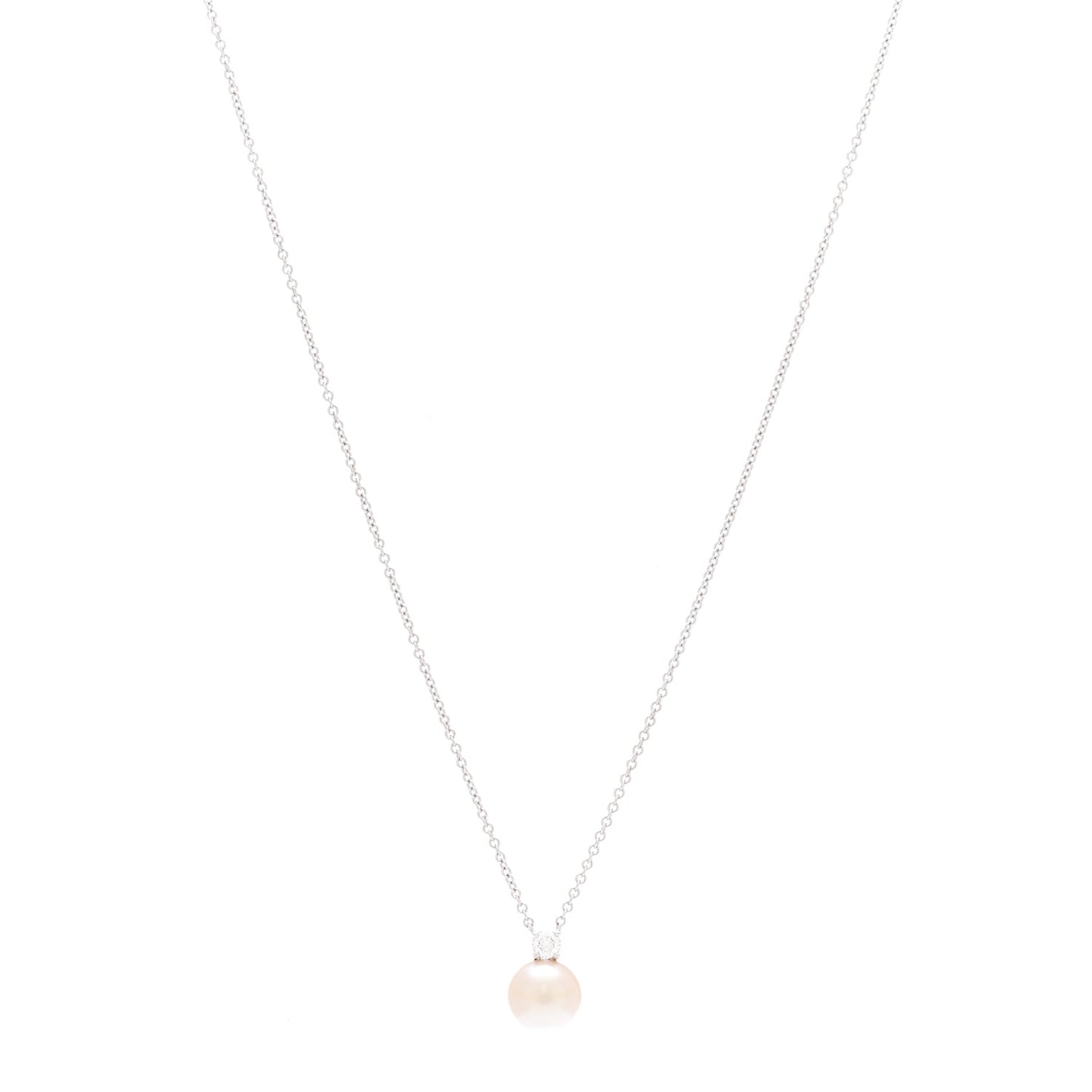 18K White Gold Diamond Akoya Cultured Pearl 7-7.5mm Signature Pendant Necklace