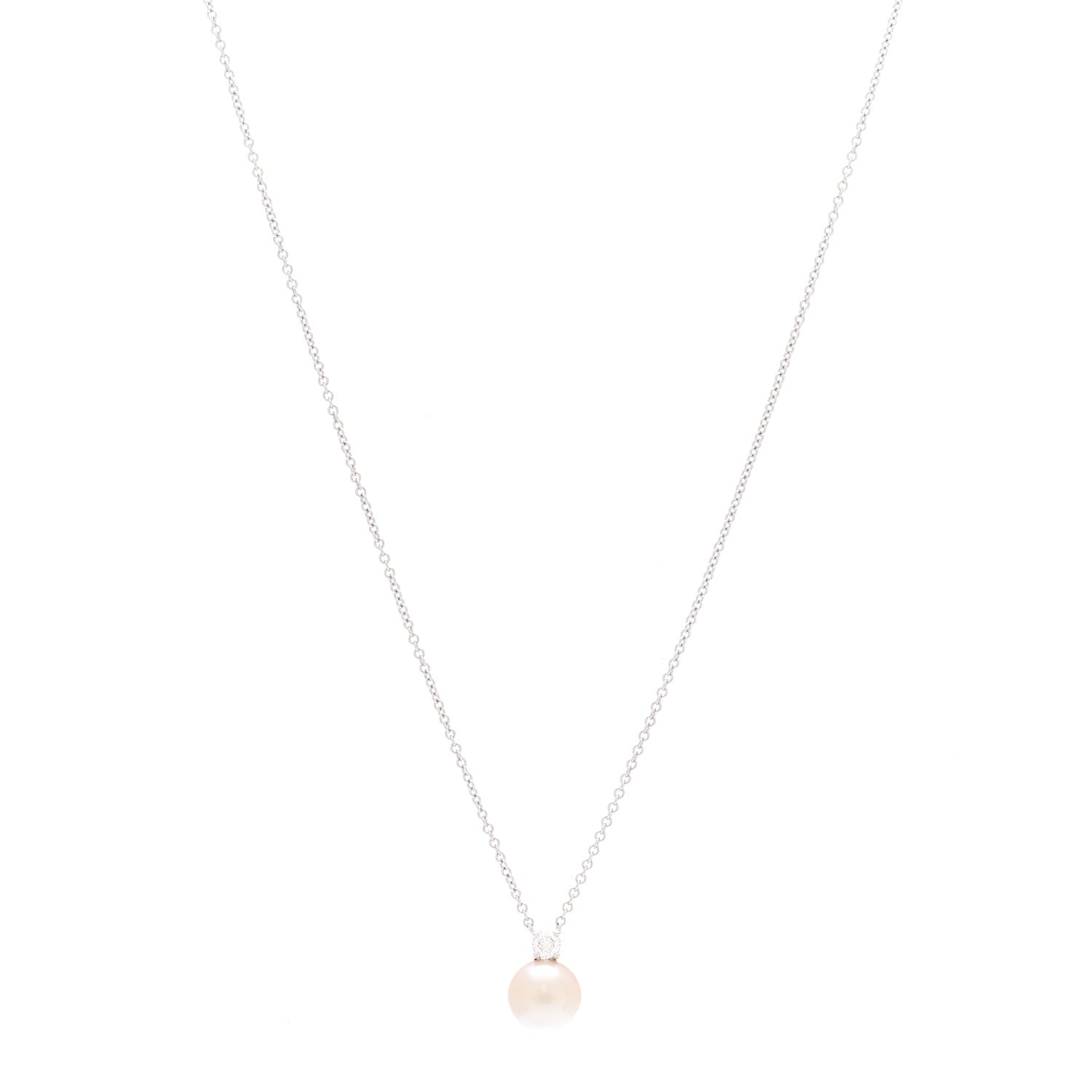 Tiffany 18K White Gold Diamond Akoya Cultured Pearl 7-7.5mm Signature Pendant Necklace 1 of 7