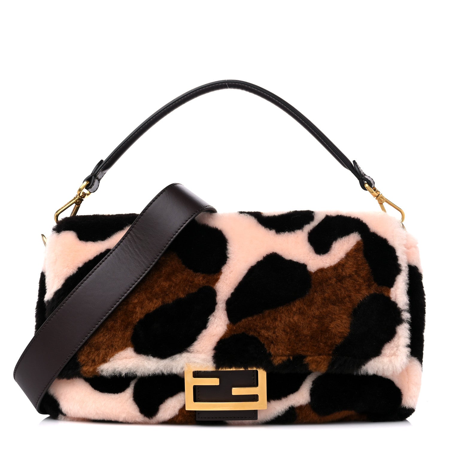 Fendi Shearling Vitello Dolce Leopard Print Large Baguette Pink Brown Multicolor 1 of 9