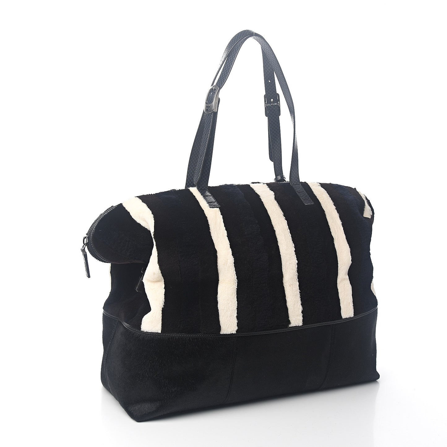 Rabbit Fur Calf Hair Pequin Weekender Bag Black White