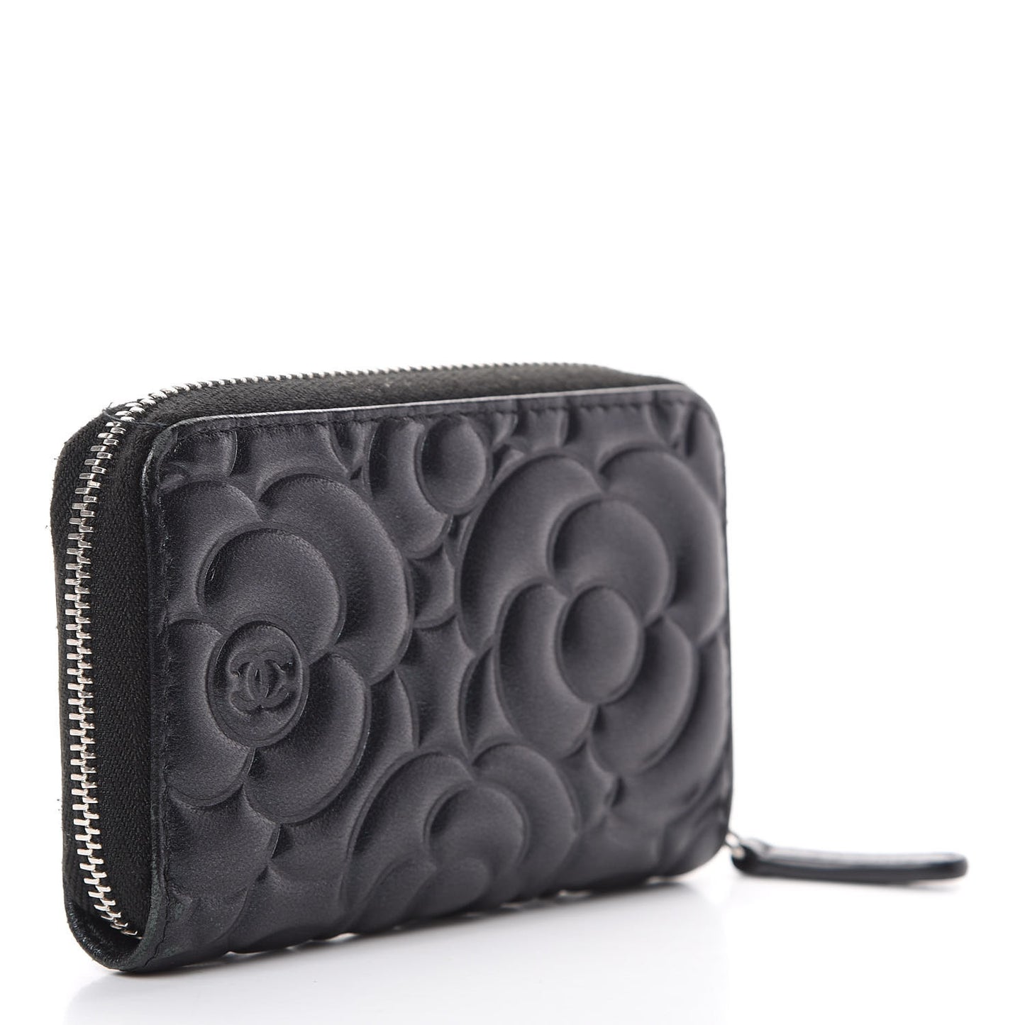 Goatskin Camellia Embossed Zip Coin Purse Black