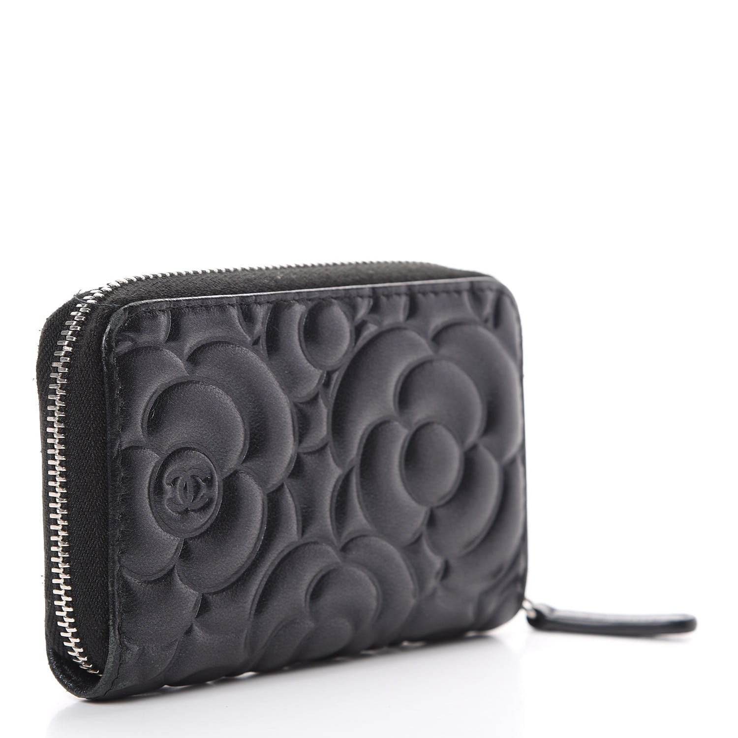 Chanel Goatskin Camellia Embossed Zip Coin Purse Black 2 of 6