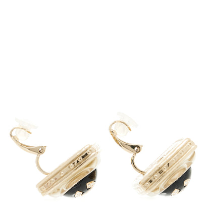 Chanel Metal Glass Pearl Strass CC Clip On Earrings Black Gold 3 of 5