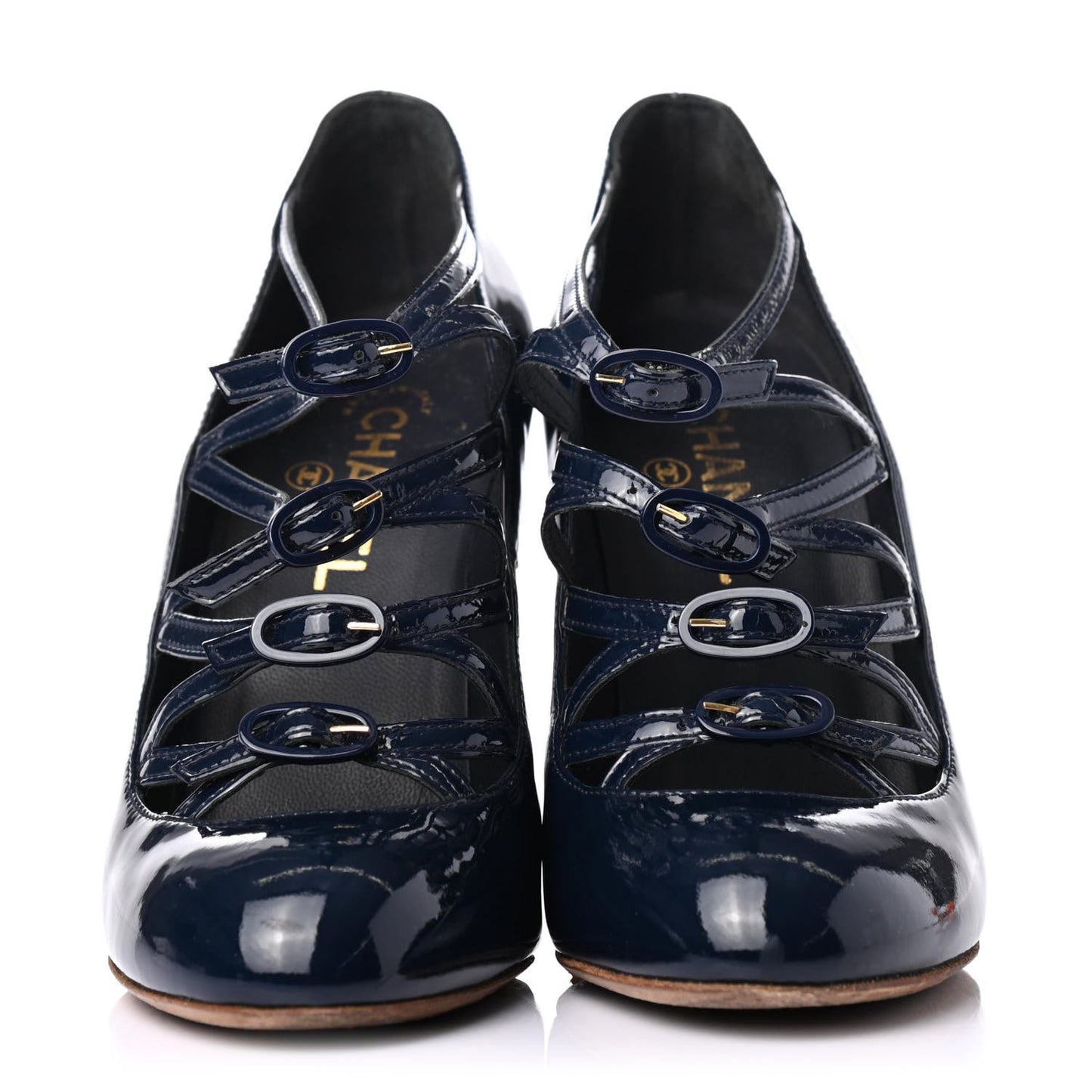 Patent Calfskin Quilted CC Strap Pumps 38.5 Navy Gold