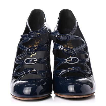 Chanel Patent Calfskin Quilted CC Strap Pumps 38.5 Navy Gold 2 of 4