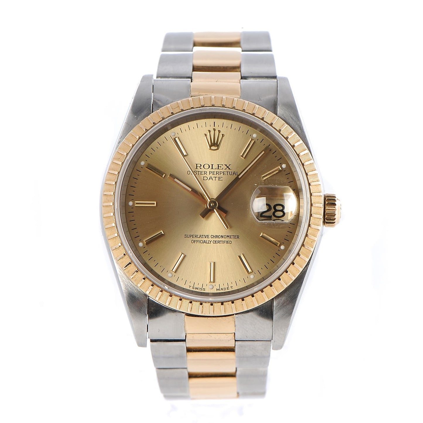 Stainless Steel 18K Yellow Gold 34mm Oyster Perpetual Date Watch Champagne 15223