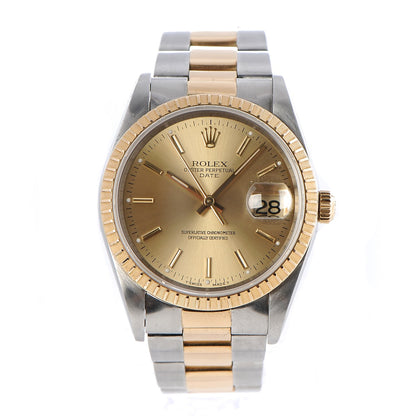 Rolex Stainless Steel 18K Yellow Gold 34mm Oyster Perpetual Date Watch Champagne 15223 1 of 6