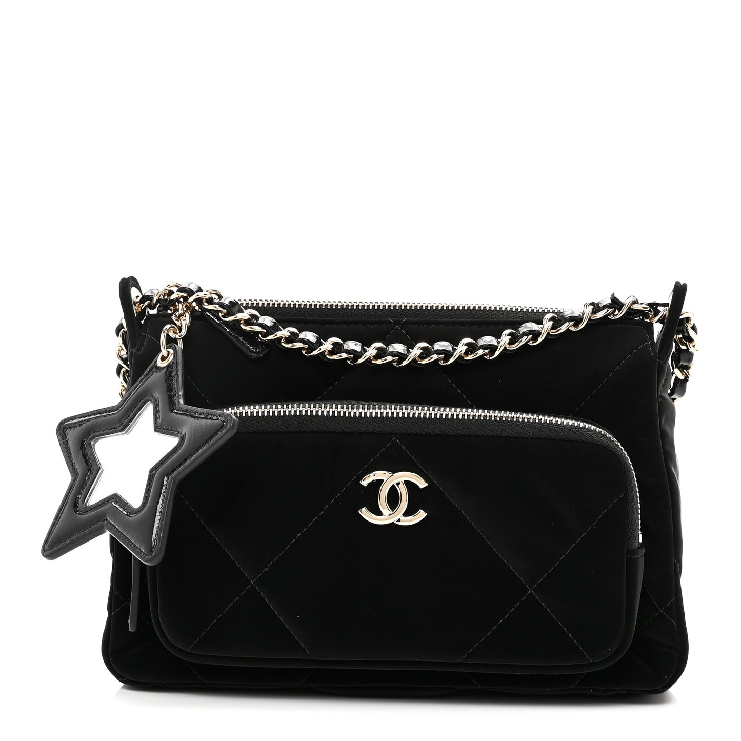 Velvet Effect Nylon Shiny Crumpled Calfskin Quilted Chanel 25 Clutch With Chain Black
