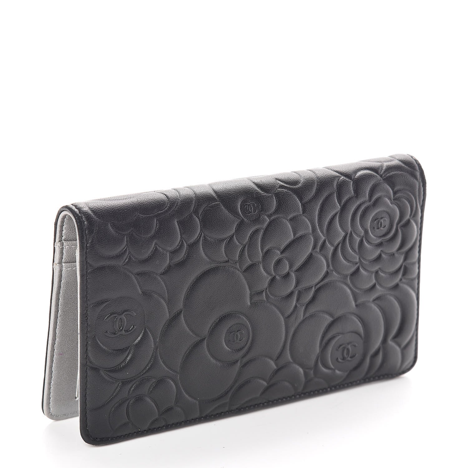 Chanel Lambskin Camellia Embossed Yen Wallet Black 3 of 12