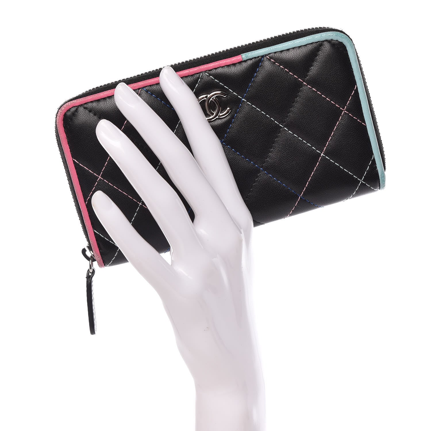 Chanel Lambskin Quilted Small Gusset Zip Around Wallet Black Pink Light Blue 2 of 15