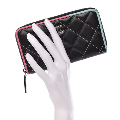 Chanel Lambskin Quilted Small Gusset Zip Around Wallet Black Pink Light Blue 2 of 15