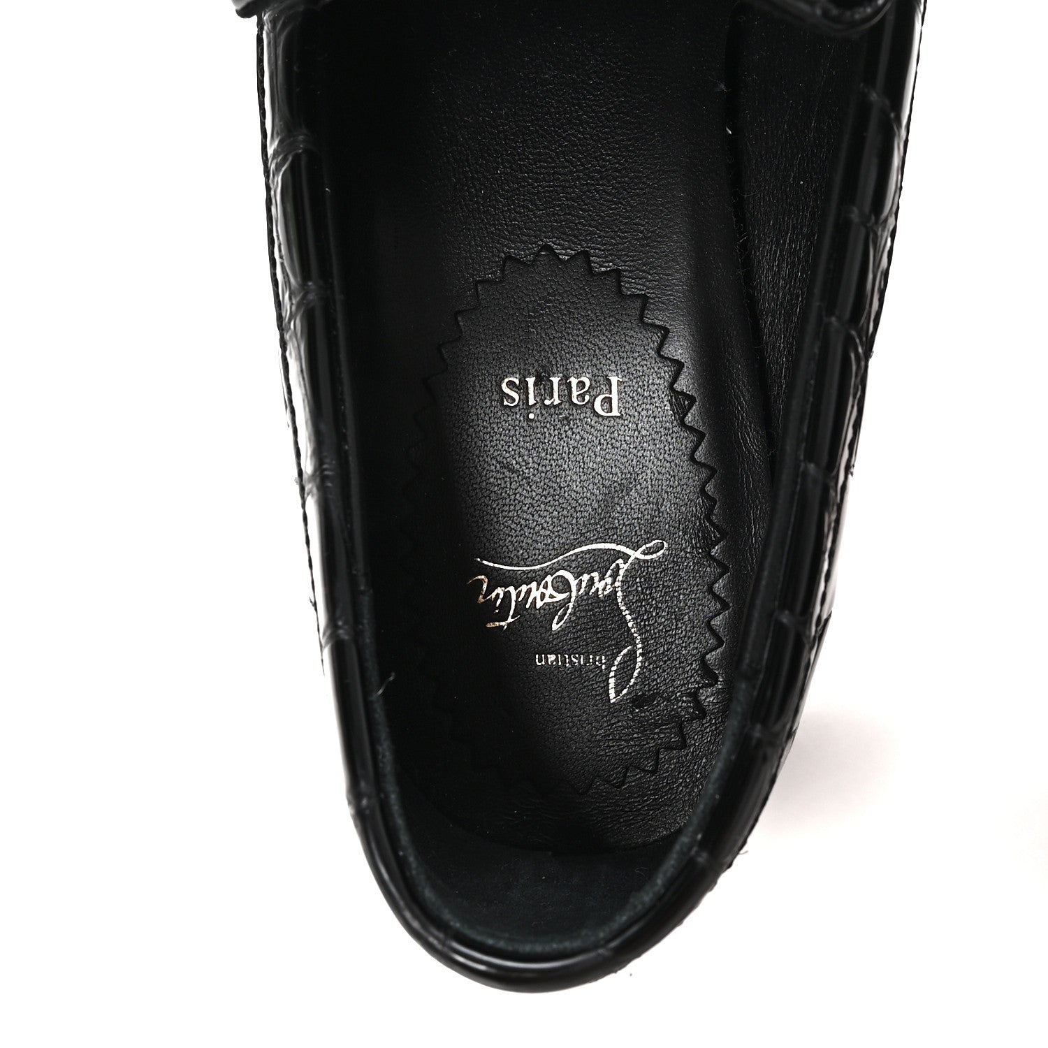 Christian Louboutin Soft Calfskin Alligator Embossed MJ Moc Heeled Loafers 37.5 Black 8 of 9