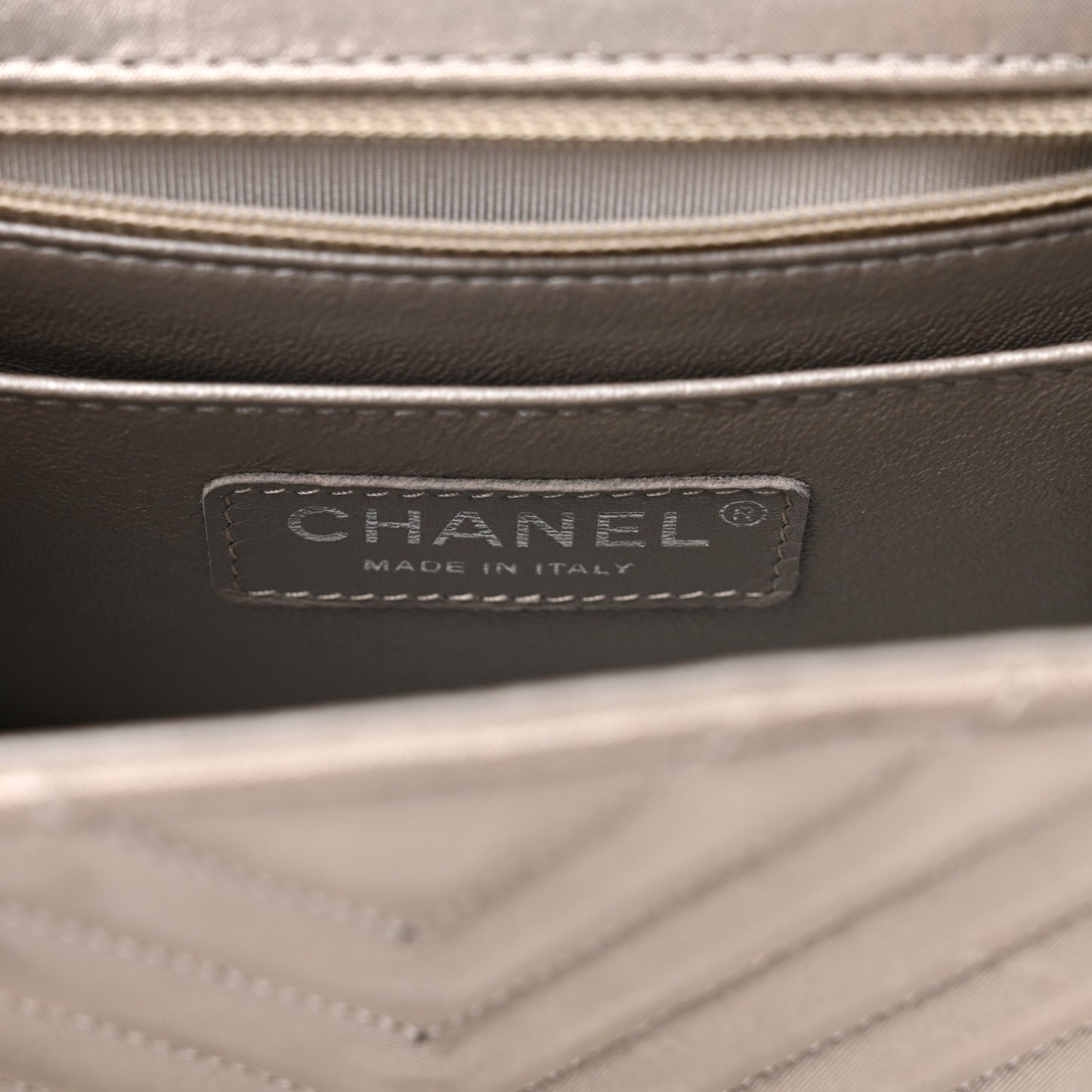Iridescent Calfskin Chevron Quilted Mini Square Flap Silver