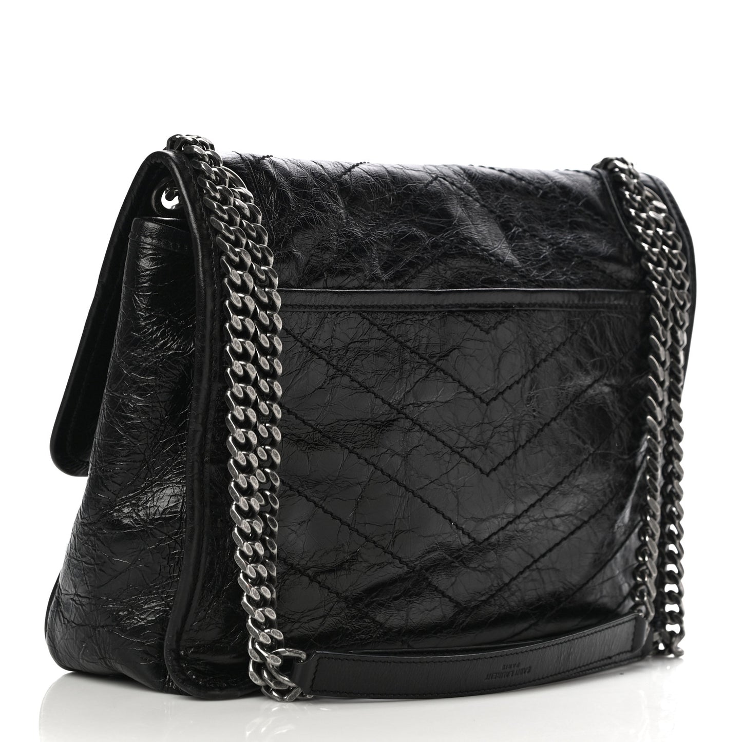 Crinkled Calfskin Matelasse Monogram Medium Niki Chain Satchel Black