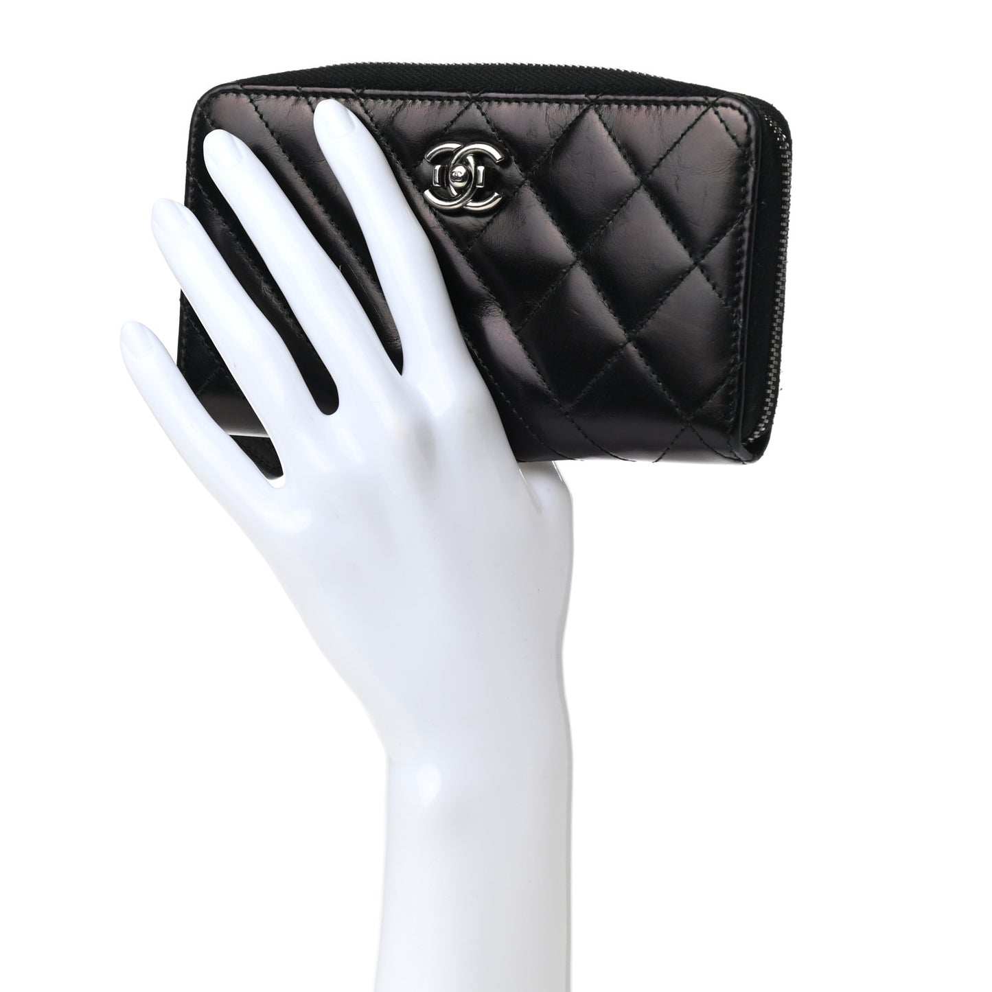 Glazed Calfskin Quilted Small Coco Boy Zip Around Wallet Black