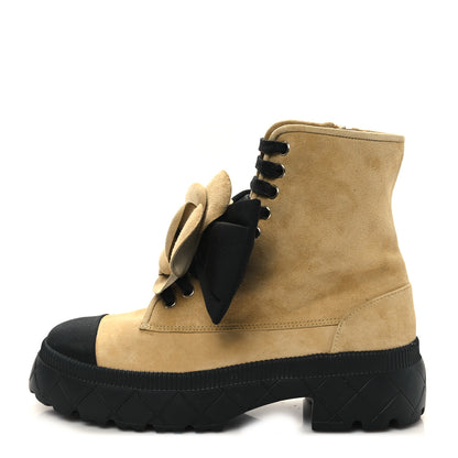 Chanel Suede Grosgrain Cap Toe CC Camellia Lace Up Combat Boots 38.5 Beige Black 1 of 8
