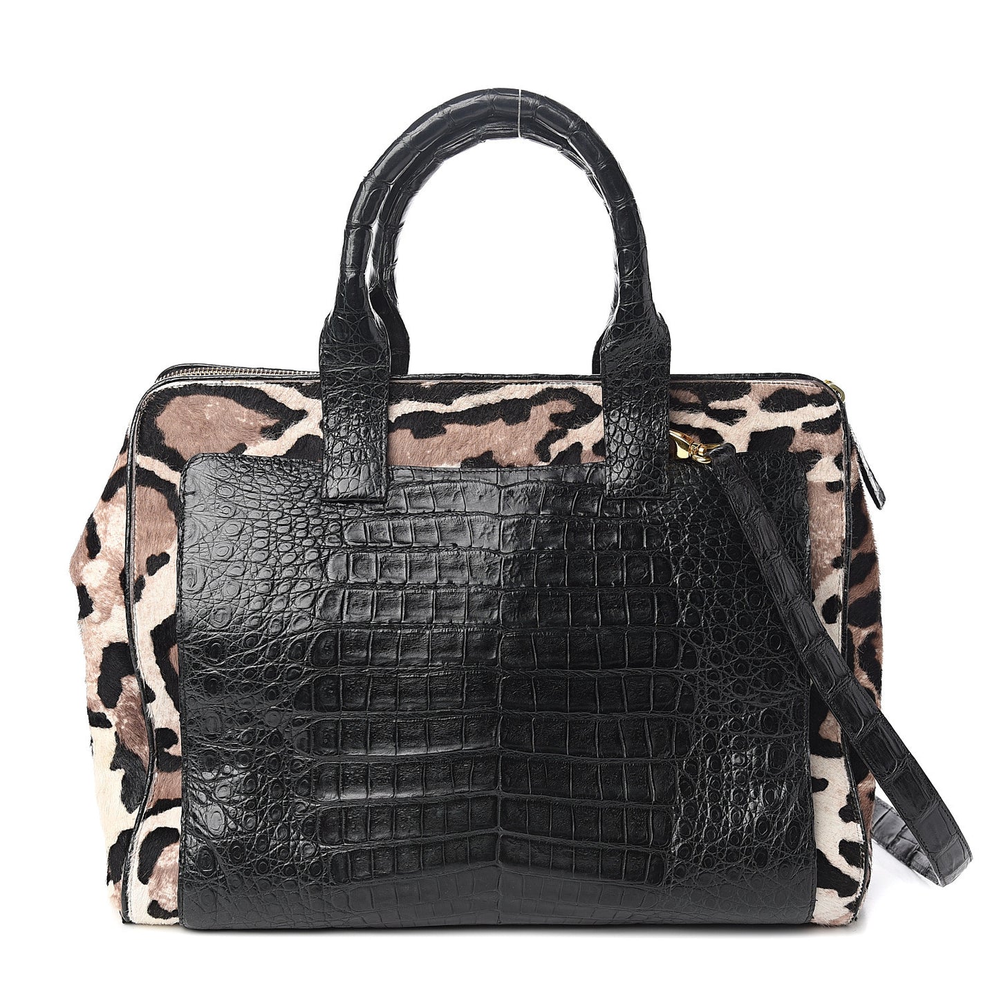 Crocodile Calf Hair Leopard Print Satchel Black