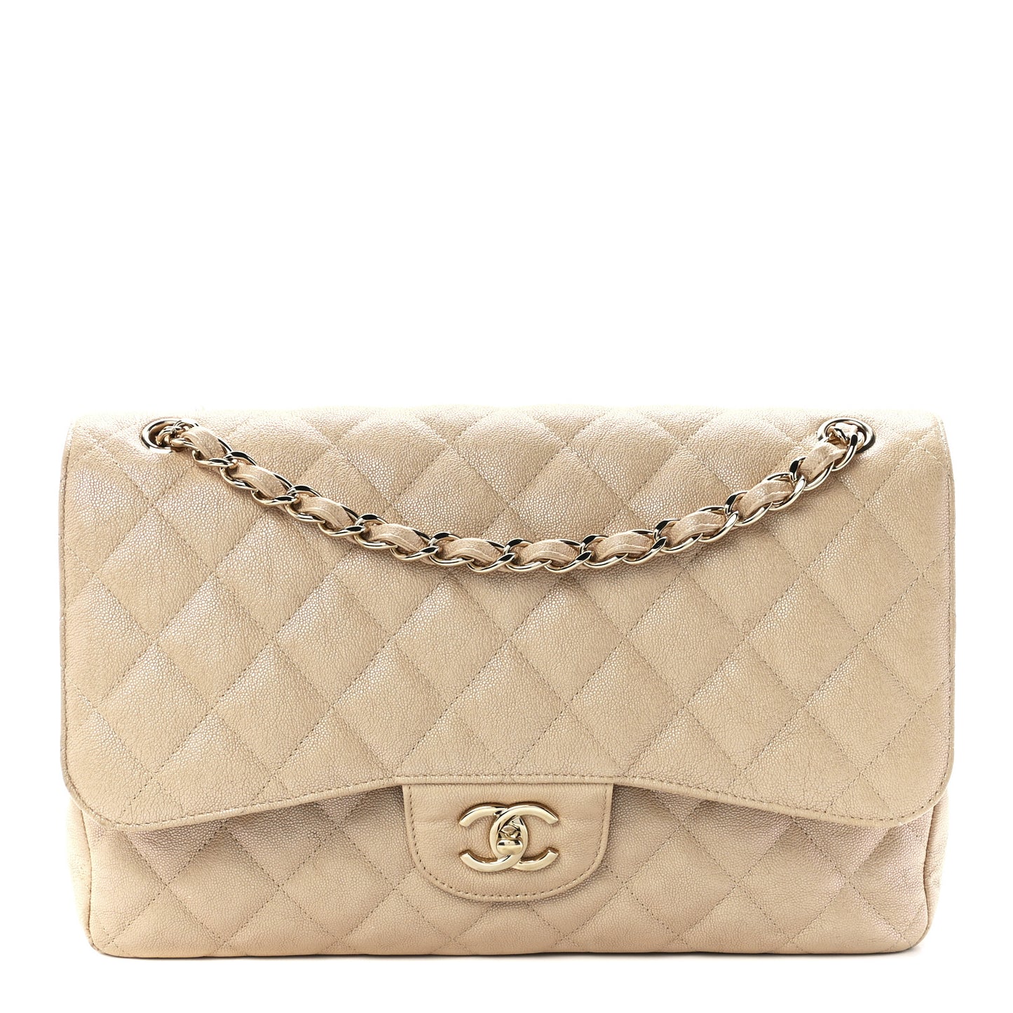 Iridescent Caviar Quilted Jumbo Double Flap Beige