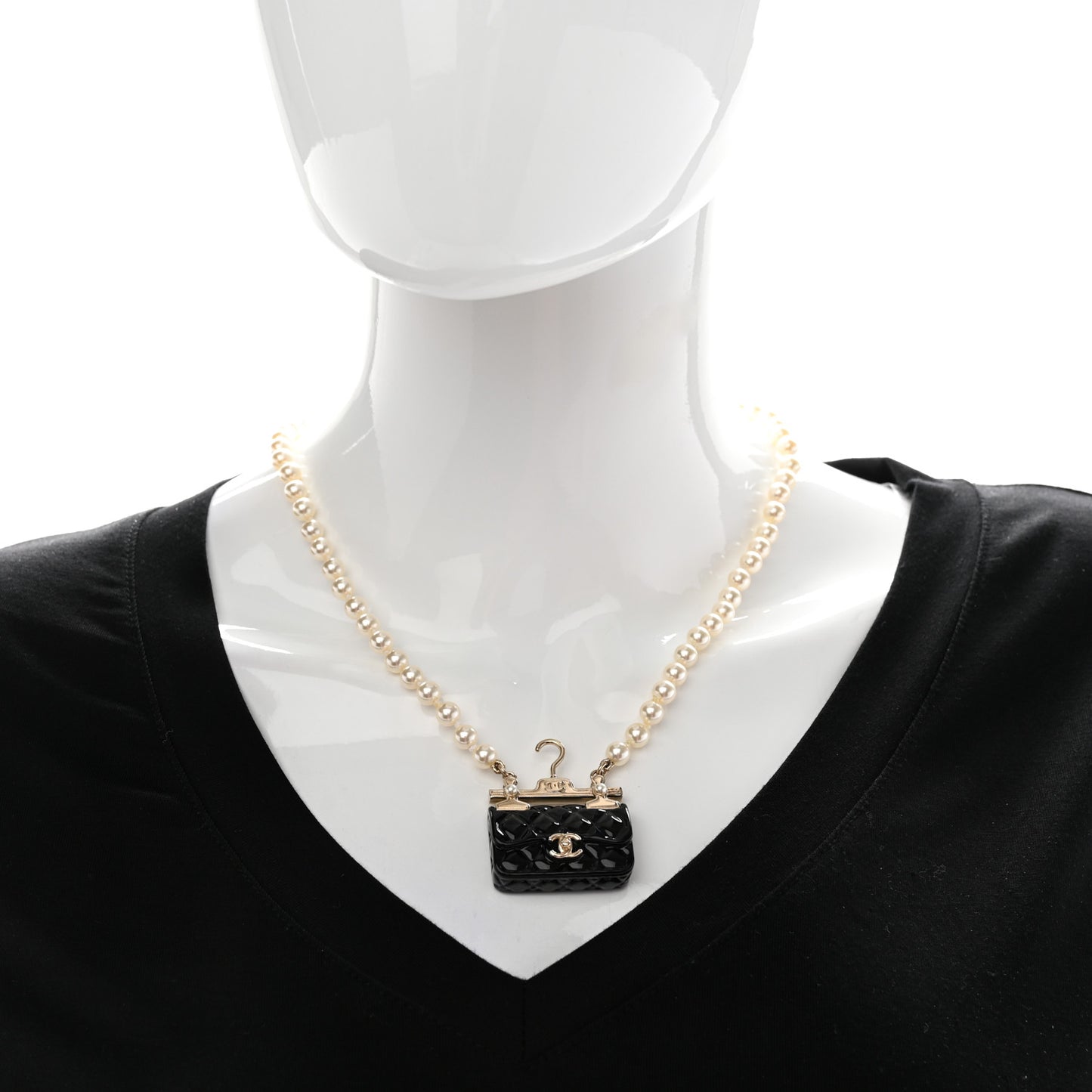 Pearl Metal Resin Quilted Flap Bag Necklace Gold Black Pearly White