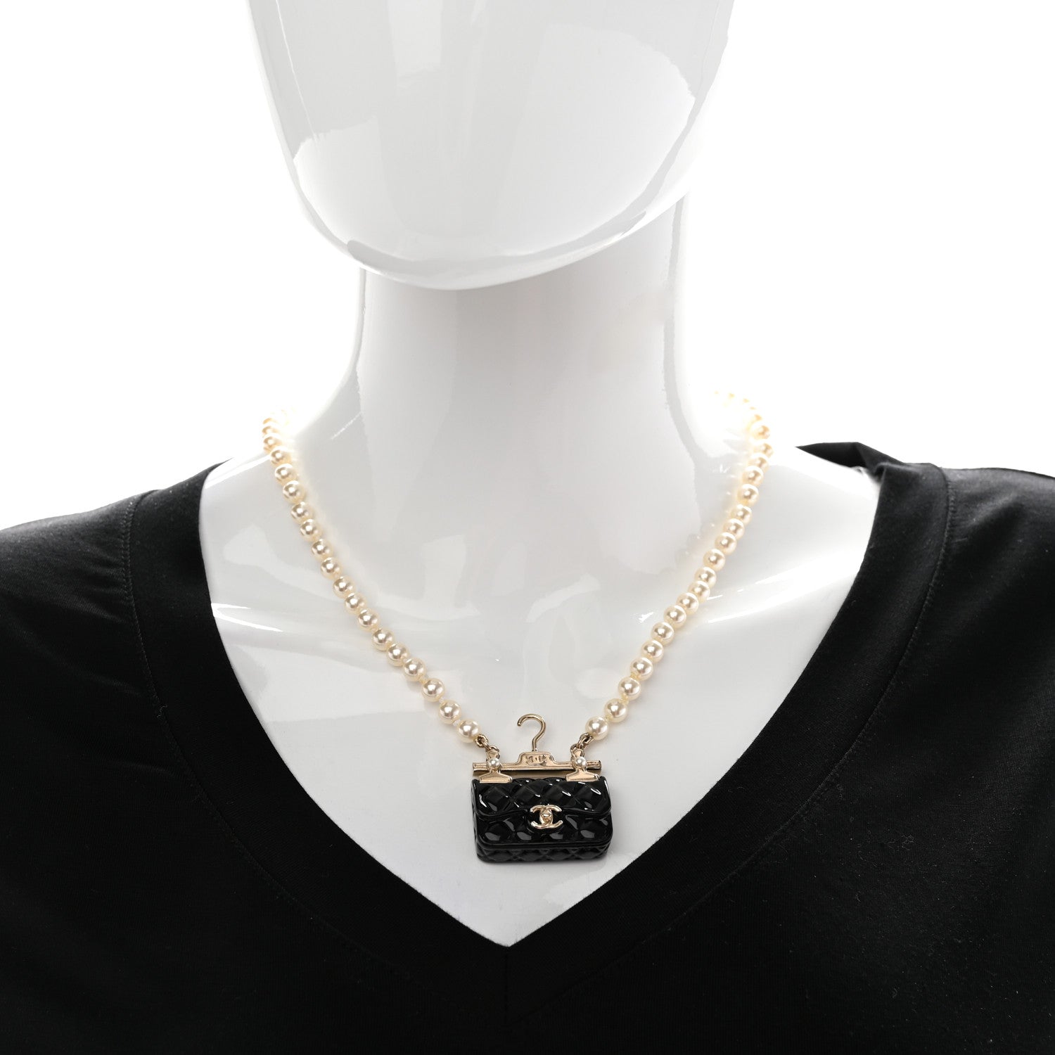 Chanel Pearl Metal Resin Quilted Flap Bag Necklace Gold Black Pearly White 2 of 5
