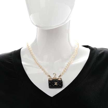 Chanel Pearl Metal Resin Quilted Flap Bag Necklace Gold Black Pearly White 2 of 5