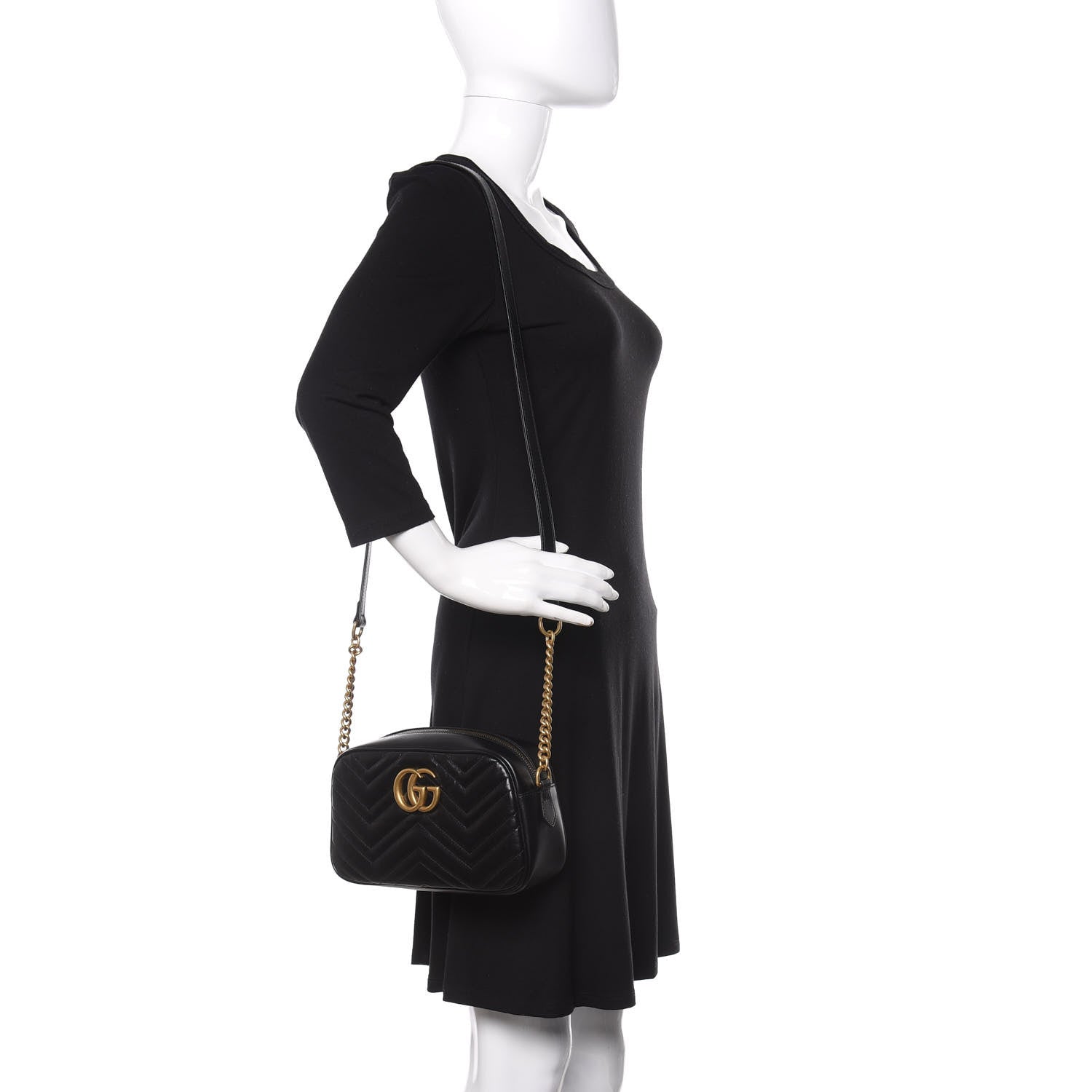 Gucci Calfskin Matelasse Small GG Marmont Chain Shoulder Bag Black 2 of 9