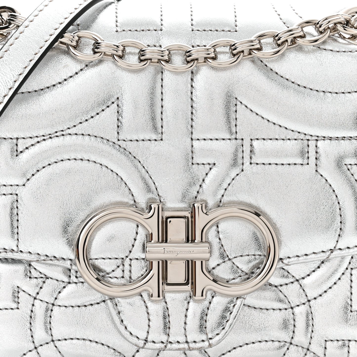 Calfskin Quilted Gancini Flap Bag Silver