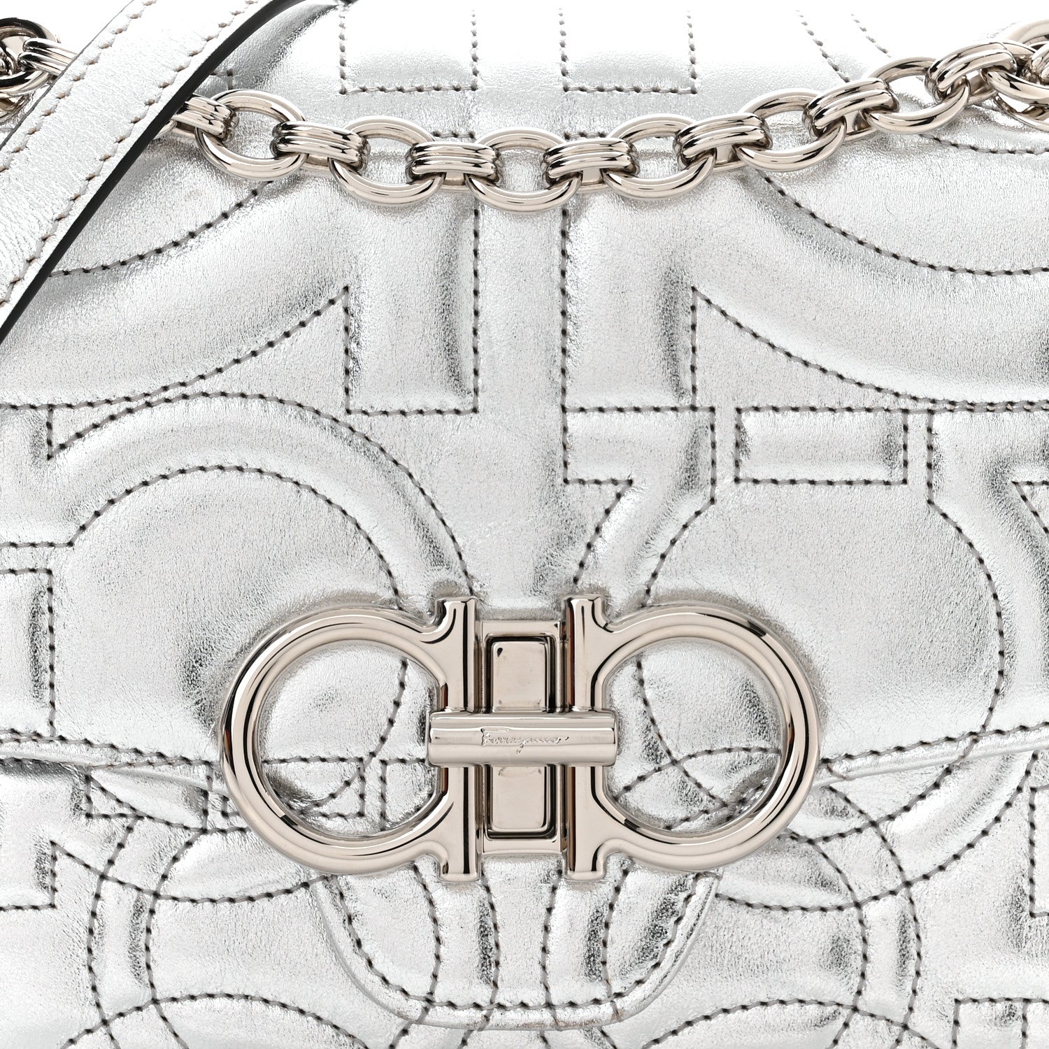 Salvatore Ferragamo Calfskin Quilted Gancini Flap Bag Silver 7 of 10