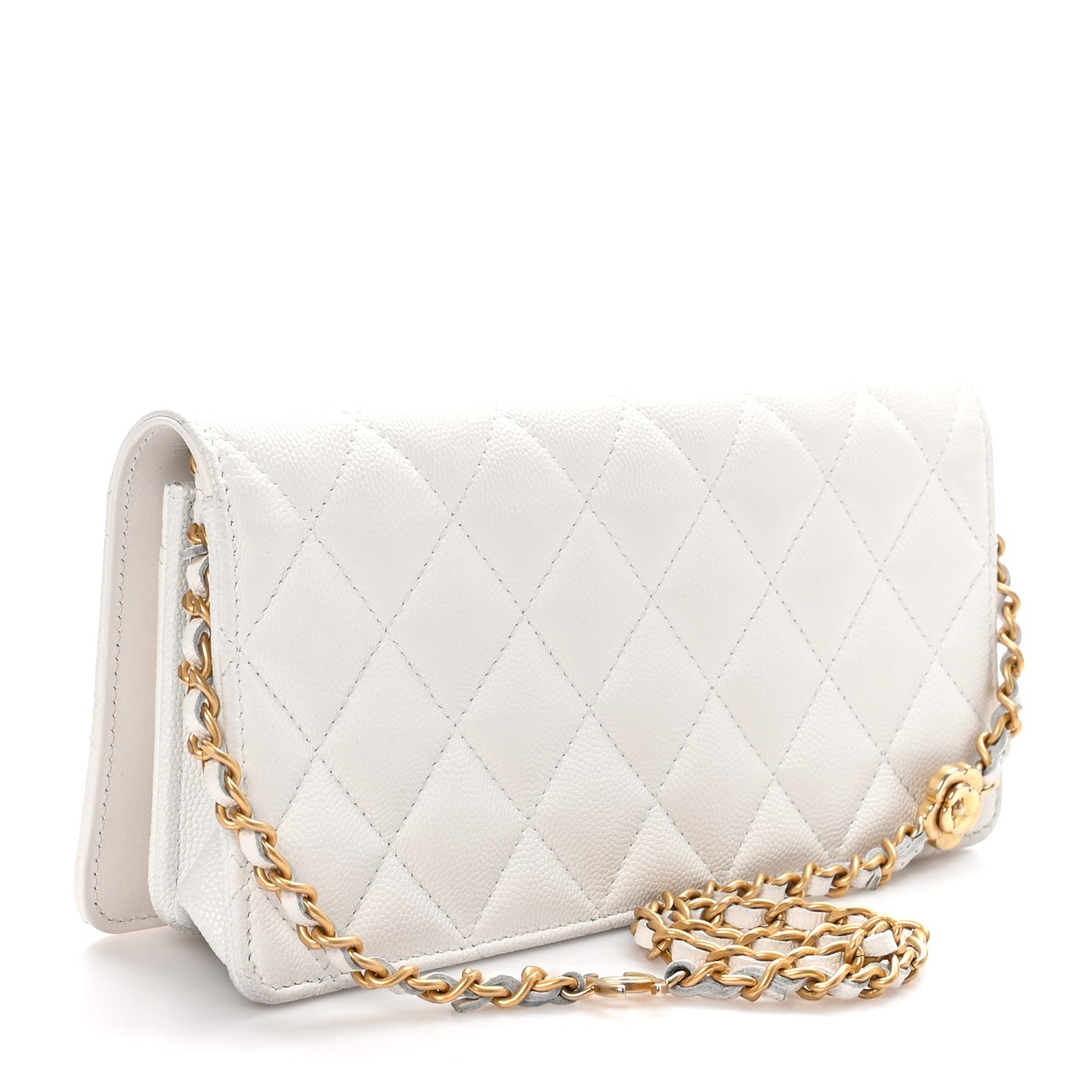 Caviar Quilted Camellia Clutch With Chain White