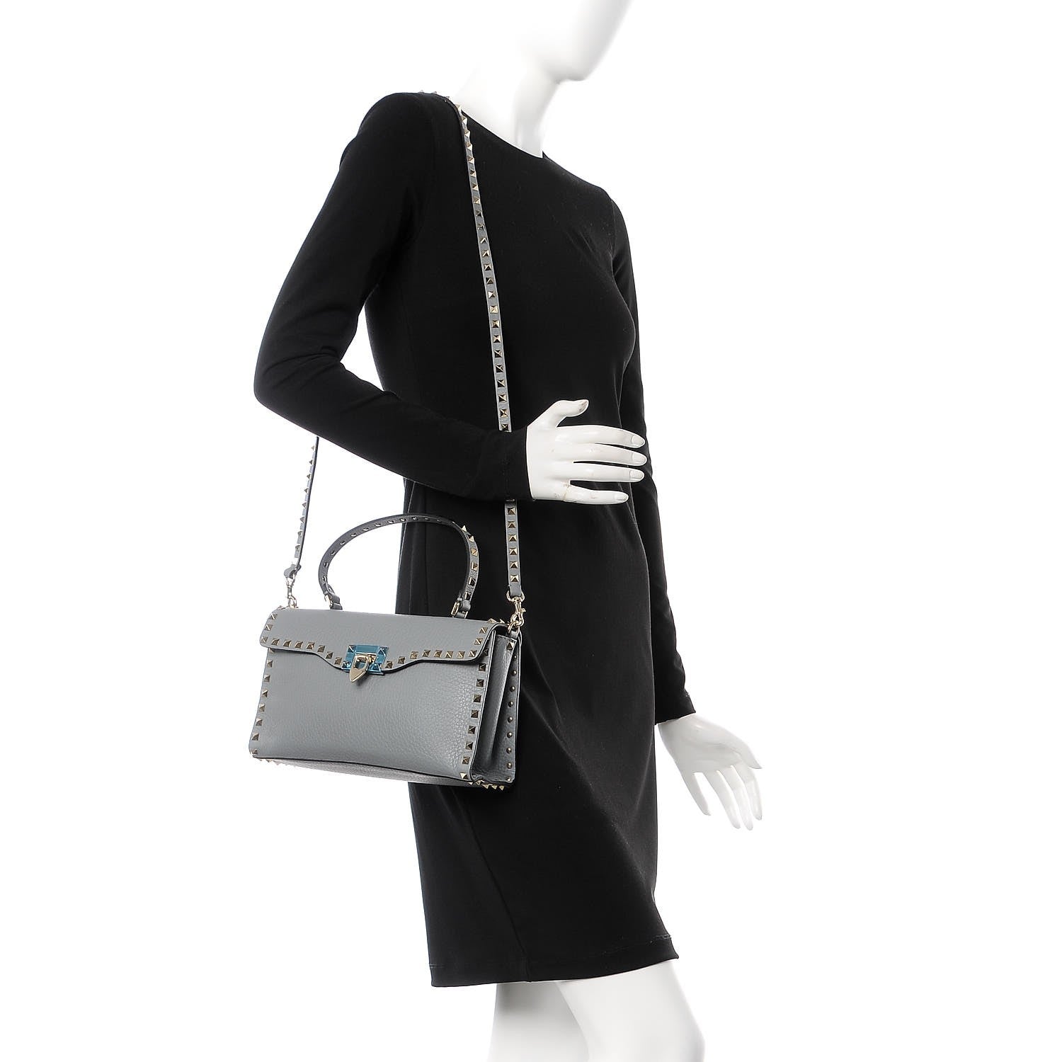 Valentino Garavani Pebbled Calfskin Small Rockstud Single Handle Flap Bag Pastel Grey 3 of 8