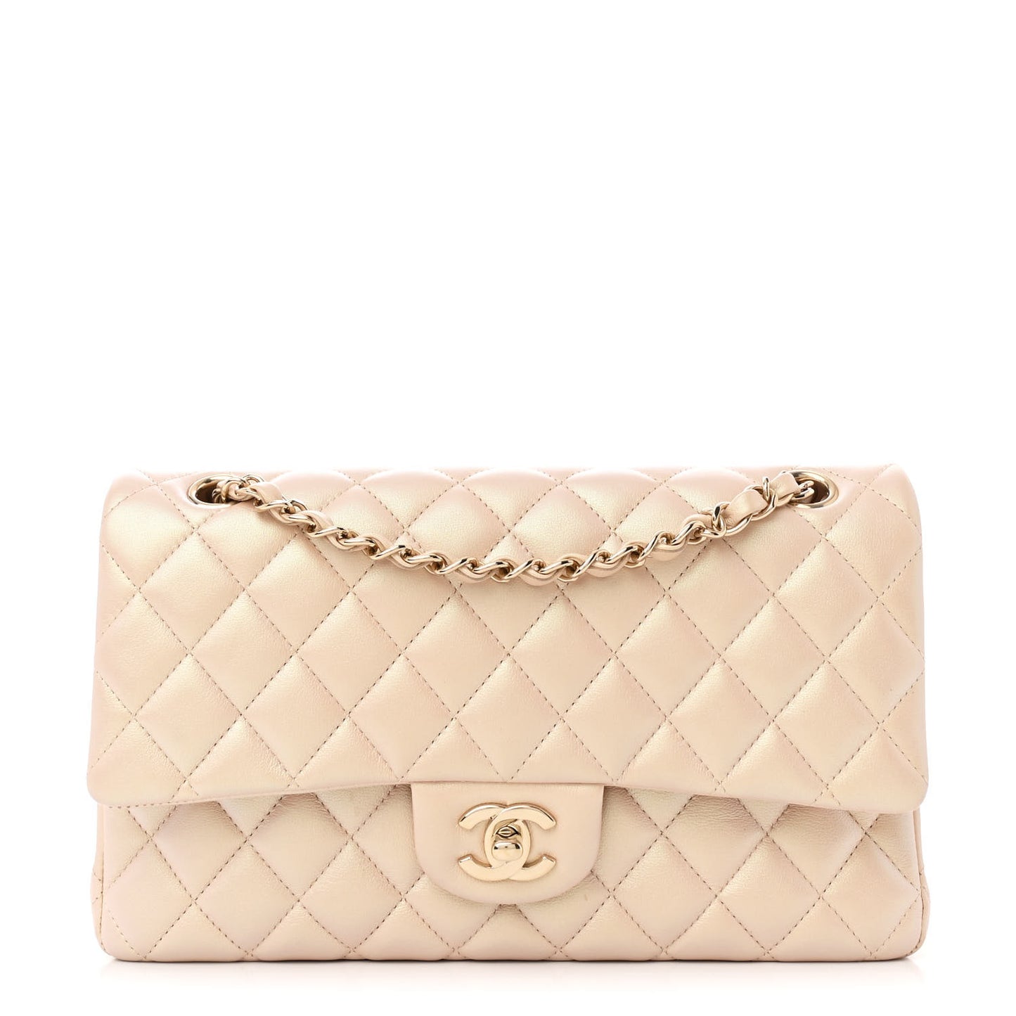 Iridescent Calfskin Quilted Medium Double Flap Beige