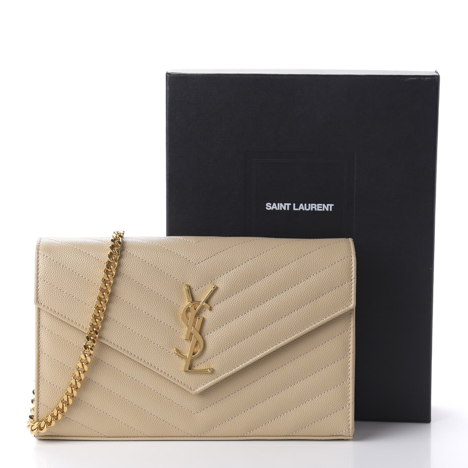 Saint Laurent Grain De Poudre Matelasse Chevron Monogram Chain Wallet Nude Powder 10 of 10
