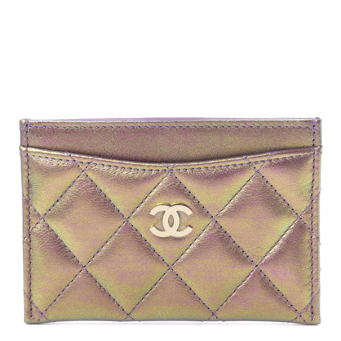 Iridescent Lambskin Quilted Card Holder Purple