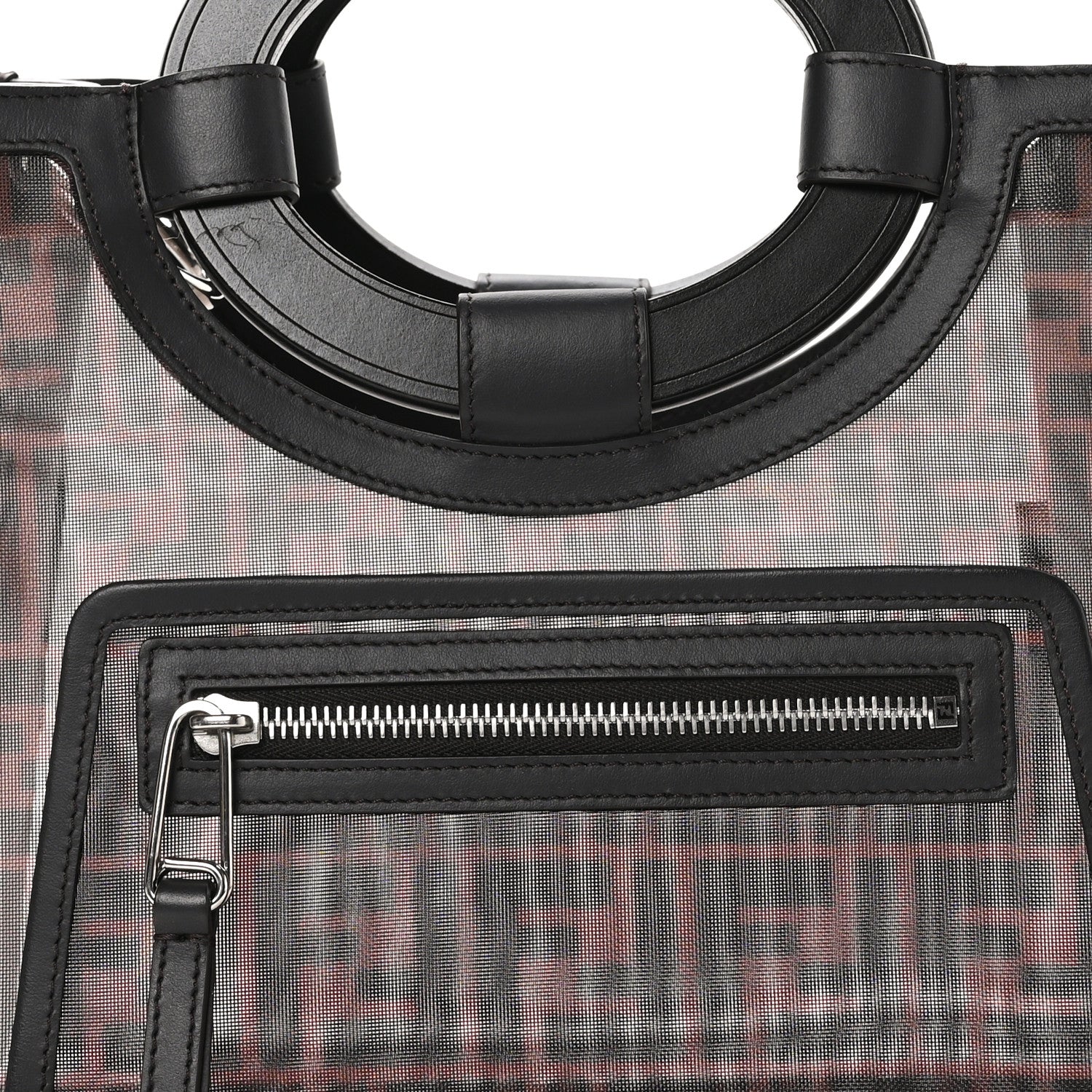 Fendi Mesh Vitello Century Cuoio FF 1974 Small Runaway Shopper Tote Marrone Black Ebano 8 of 10