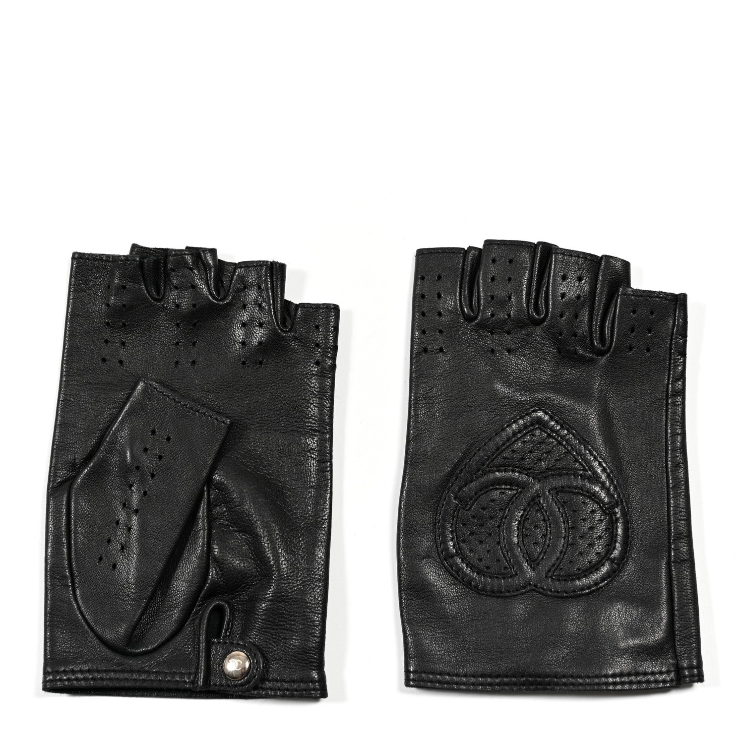 Chanel Lambskin Perforated Fingerless CC Gloves 7.5 Black 2 of 4