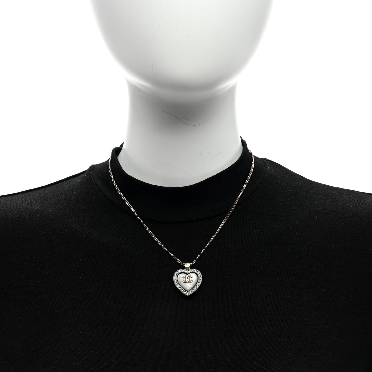 Pearl Crystal CC Heart Necklace Gold Pearly White Black