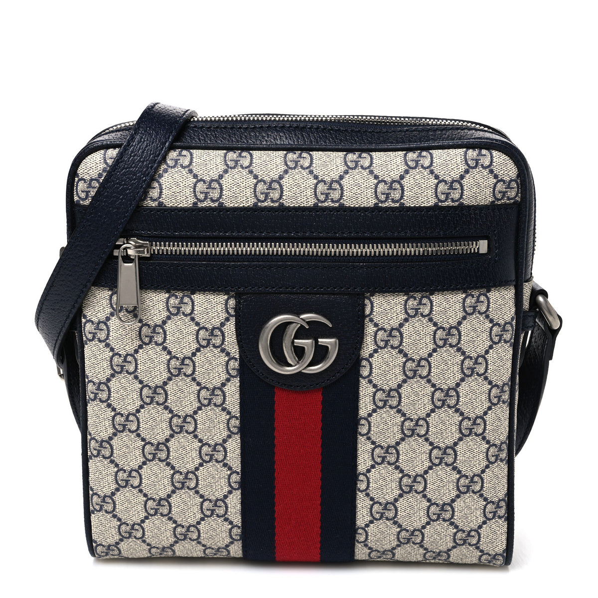 Gucci GG Supreme Monogram Textured Dollar Calfskin Web Small Ophidia Messenger Bag Beige Blue 1 of 10