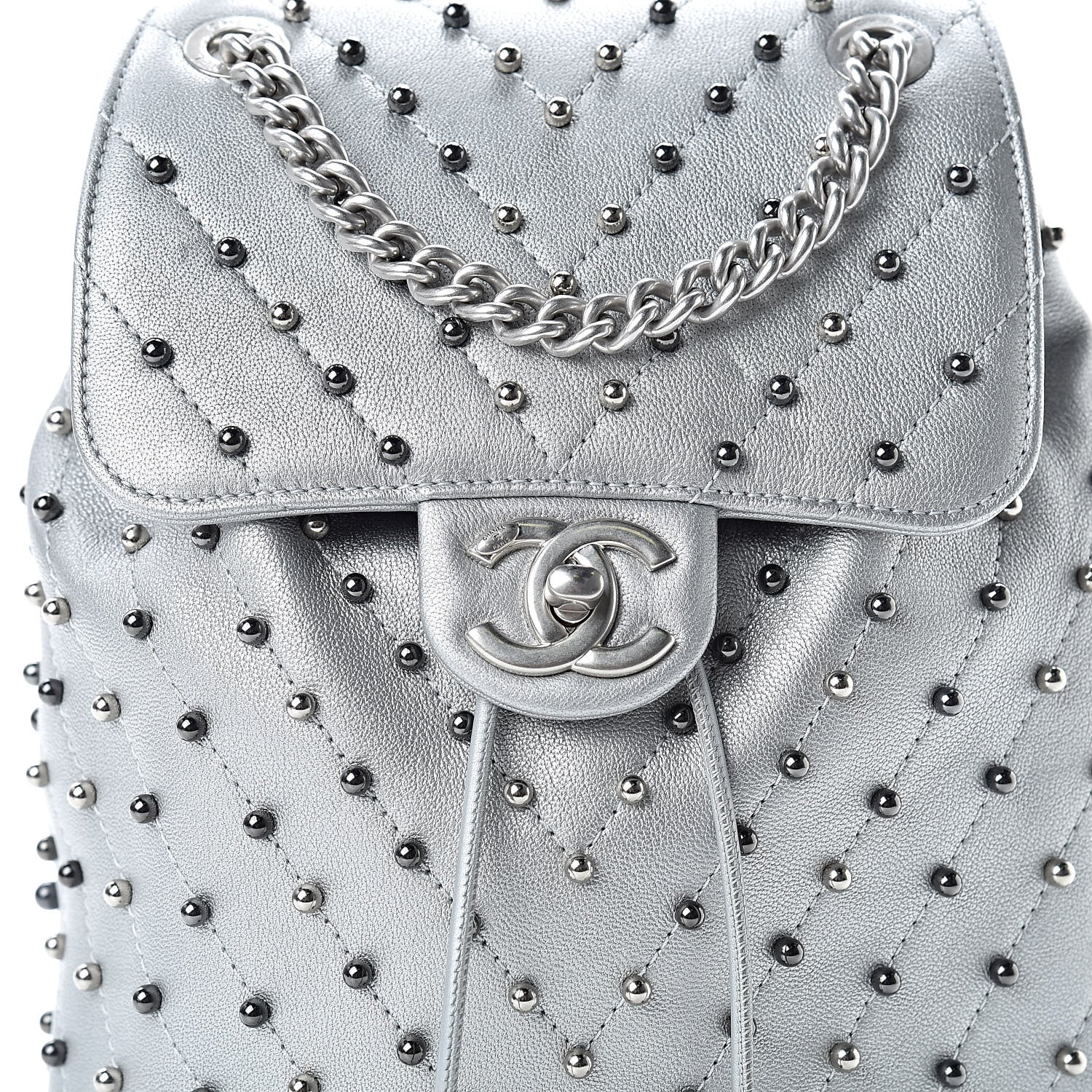 Chanel Metallic Lambskin Chevron Quilted Studded Stud Wars Backpack Silver 8 of 11