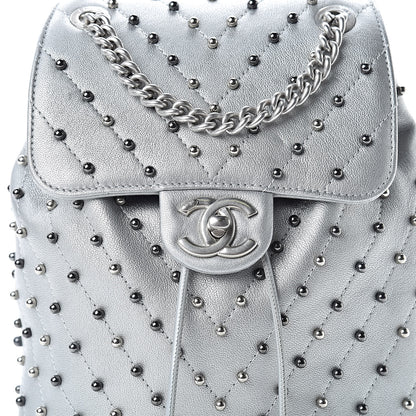 Chanel Metallic Lambskin Chevron Quilted Studded Stud Wars Backpack Silver 8 of 11