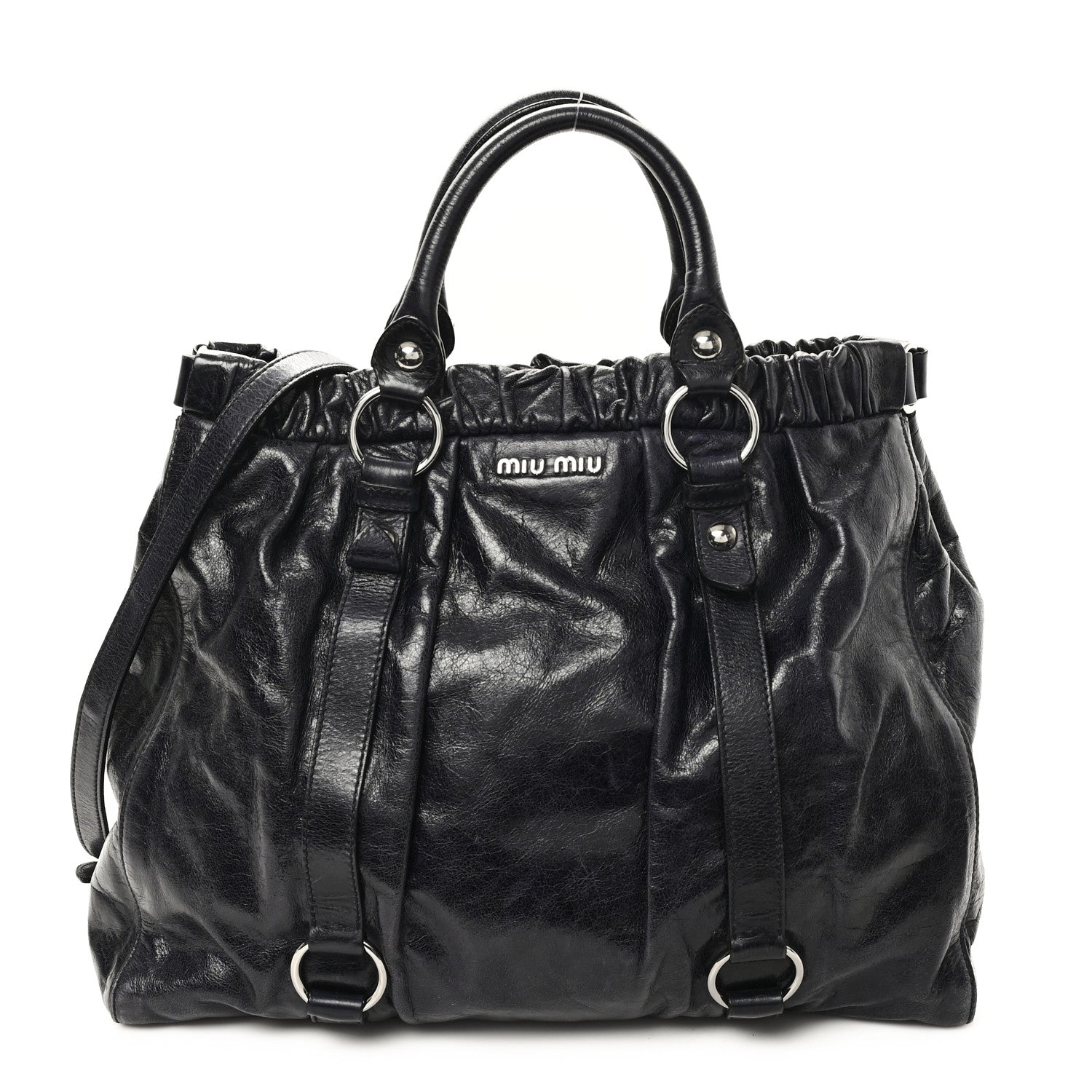 Miu Miu Vitello Lux Gathered Tote Black 1 of 12
