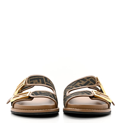 Fendi Fabric Jacquard Nappa FF Womens Fendi Feel Buckled Slide Sandals 40 Tobacco Black Miele Scuro 2 of 9