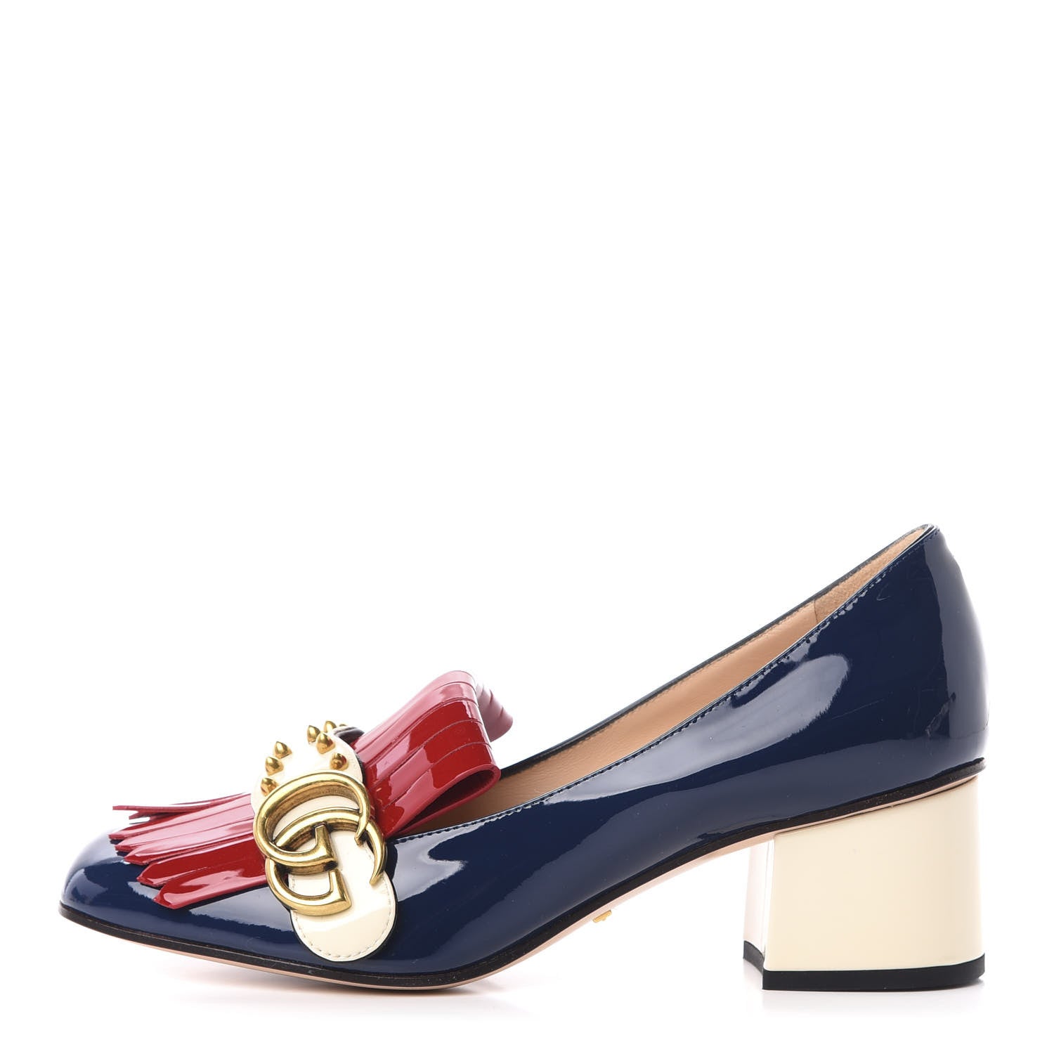 Gucci Vernice Studded GG Marmont Fringe 50mm Loafer Pumps 37 Blue