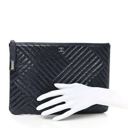 Chanel Distressed Patent Chevron Quilted Medium CC Crossing Cosmetic Case Navy 2 of 7