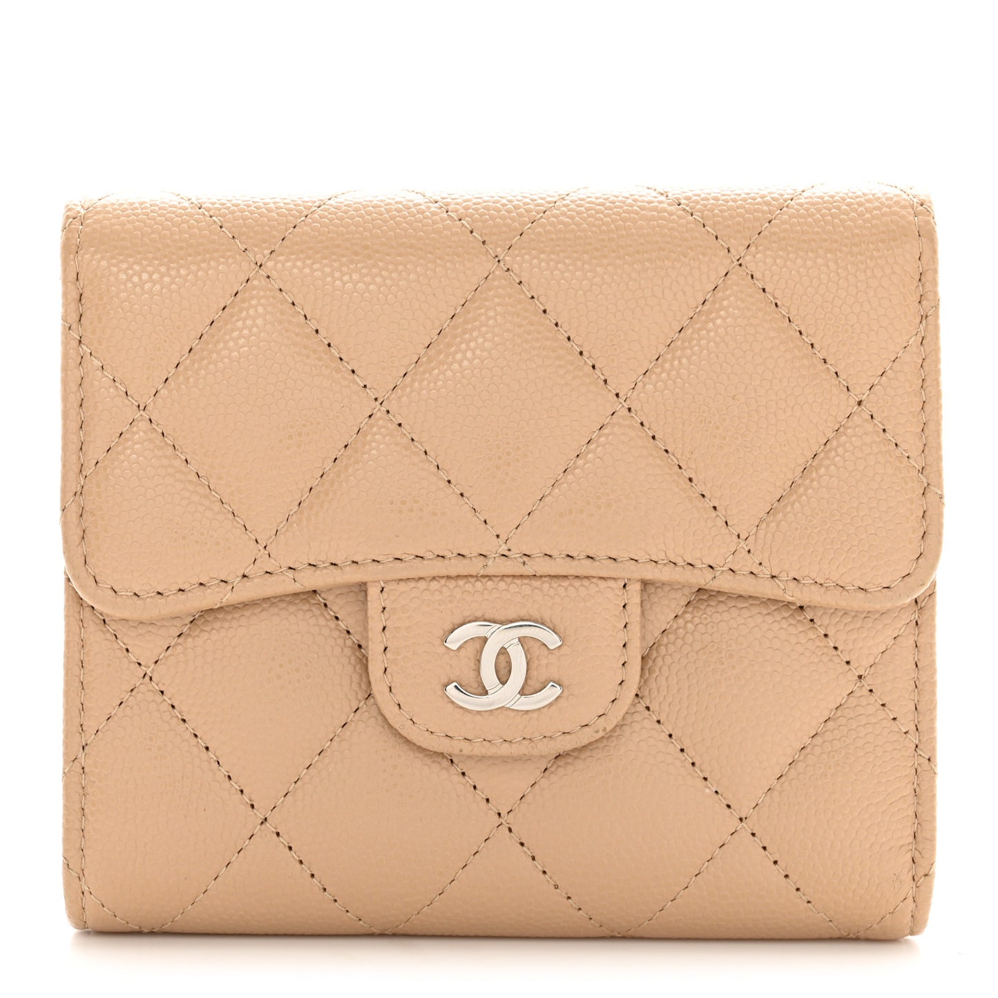Caviar Quilted Compact Flap Wallet Beige