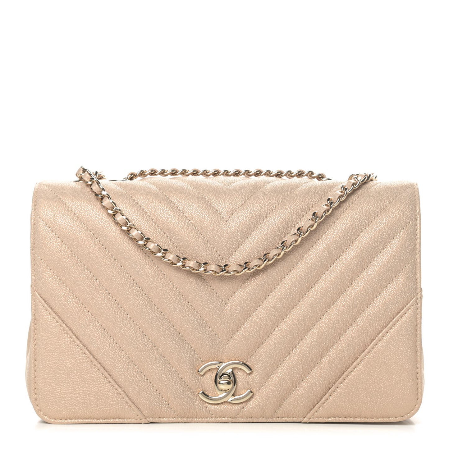 Metallic Caviar Chevron Quilted Medium Statement Flap Beige