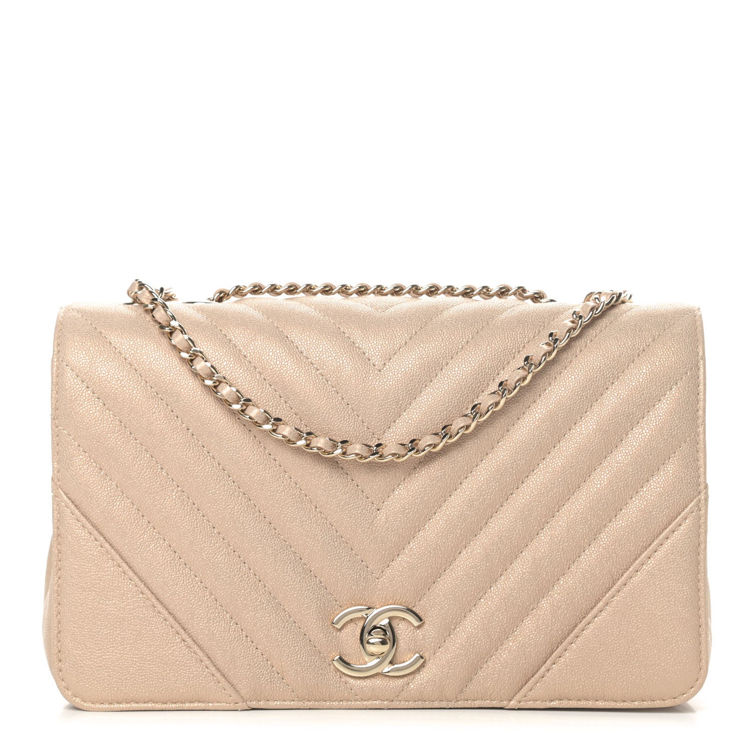 Chanel Metallic Caviar Chevron Quilted Medium Statement Flap Beige 1 of 4