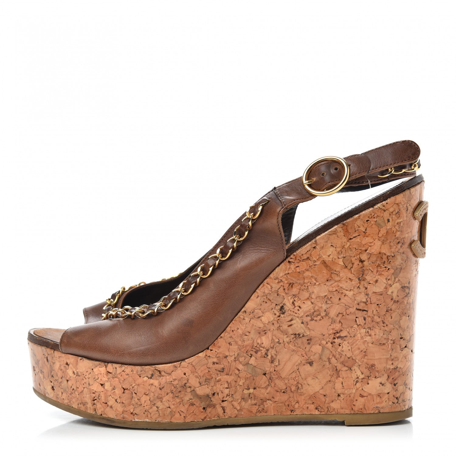 Chanel Lambskin Cork Chain CC Wedge Sandals 39 Brown 1 of 11