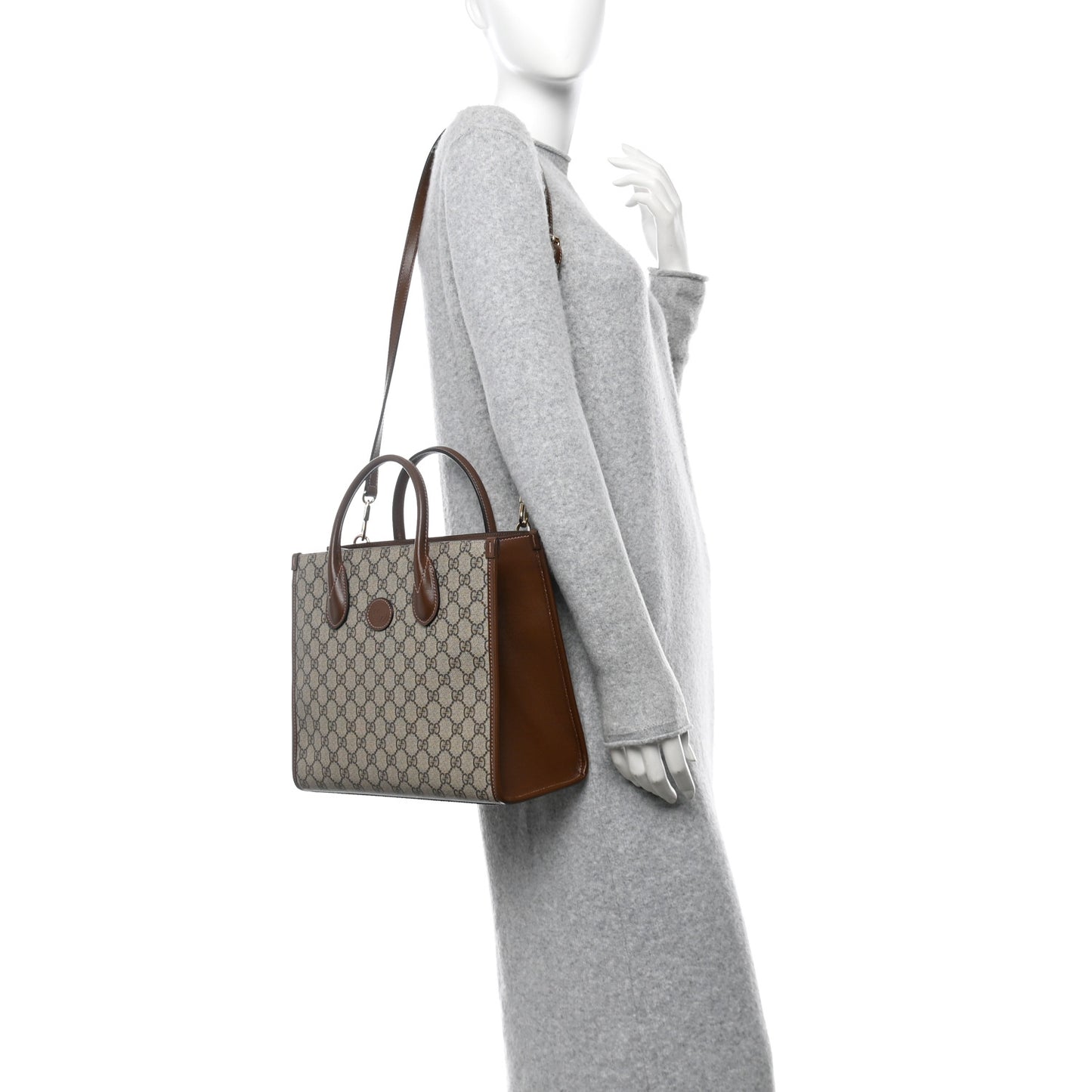 GG Supreme Monogram Azalea Calfskin Small Retro Interlocking G Tote Bag Beige Ebony Brown Sugar